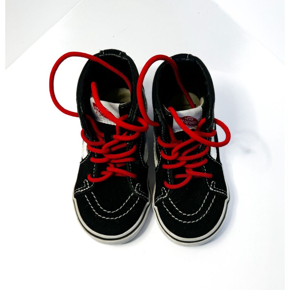 Vans Sk8-Hi Black and White Red Laces Canvas Leather High Tops Children's Size7C